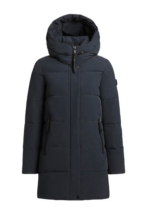 Mørkeblå polstret parka med hætte, frontlynlås skjult af flap, to lynlåslommer i siderne og justerbare snore i hætten.