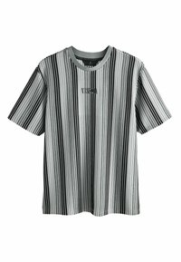 Camiseta de manga corta a rayas con rayas verticales negras y grises, escote redondo y el logo "VENETA" bordado en el frente.