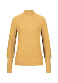 Senfgelbes Langarm-Sweatshirt mit hohem Kragen und enganliegenden Bündchen, aus geripptem Strickstoff gefertigt.