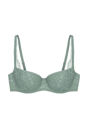 Světle zelená krajková podprsenka s kosticemi, nastavitelnými ramenními popruhy a květinovým krajkovým zdobením na košíčcích a popruzích.