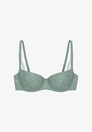 Soutien-gorge en dentelle vert clair avec armatures, bretelles réglables et détails en dentelle florale sur les bonnets et les bretelles.