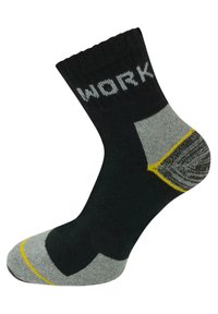 Schwarze Arbeitssocke mit "WORK" in Grau gestrickt. Verfügt über graue Ferse und Zehen mit gelben Akzenten. Weicher Stoff; Crew-Längen-Design.