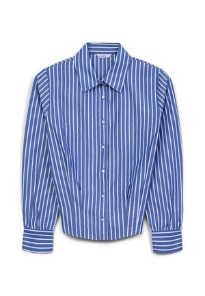 Camicia di cotone a strisce verticali blu e bianche con colletto classico, chiusura a bottoni e maniche lunghe gatherate. Texture liscia, vestibilità sagomata.