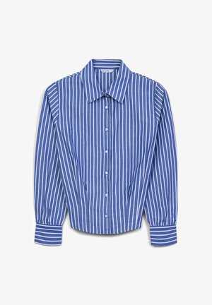 Camicia di cotone a strisce verticali blu e bianche con colletto classico, chiusura a bottoni e maniche lunghe gatherate. Texture liscia, vestibilità sagomata.