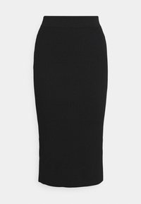 Schwarzer, gerippter Bleistiftrock mit einer figurbetonten Silhouette, hohem Bund und knielangem Design, aus elastischem, strukturiertem Stoff.