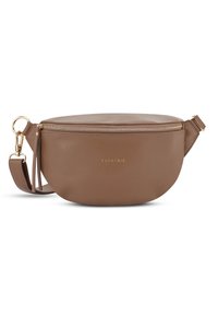 Borsa rotonda in pelle marrone con zipper e hardware dorati, dotata di una tracolla rimovibile e del nome del marchio stampato sul davanti.
