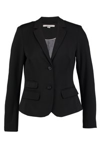 Czarna marynarka o dopasowanym kroju, z pojedynczym zapięciem na guziki z przodu, dwoma kieszeniami z przodu i zapięciem na dwa guziki. Gładki materiał o subtelnej połysku.
