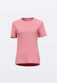 Pink short-sleeve t-shirt made of textured fabric. Features a small green logo on the left chest and a rounded neckline.