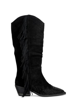 Stivale cowboy in suede nero con punta a forma di freccia, decorato con borchie e caratterizzato da un dettaglio di frange lungo il lato. Tacco basso impilato.