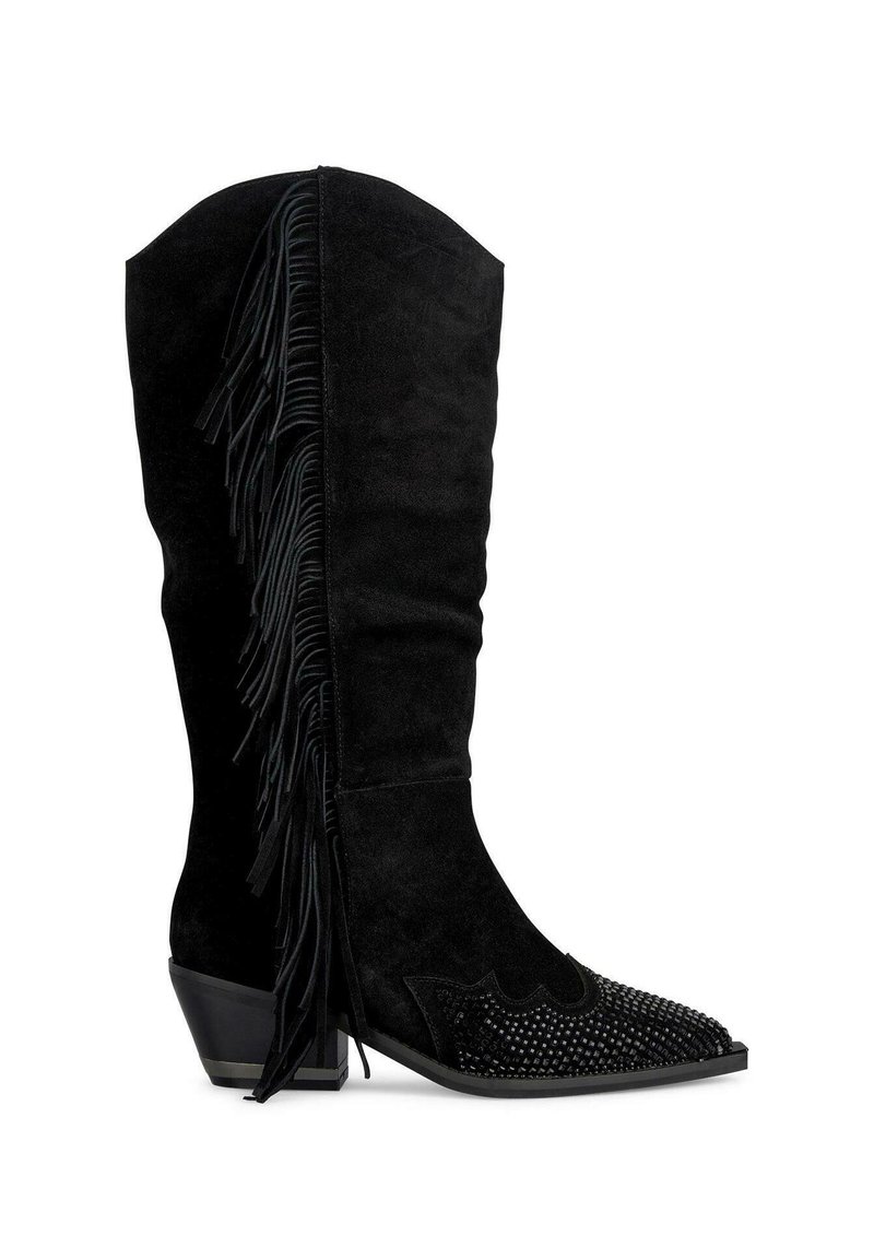 Stivale cowboy in suede nero con punta a forma di freccia, decorato con borchie e caratterizzato da un dettaglio di frange lungo il lato. Tacco basso impilato.