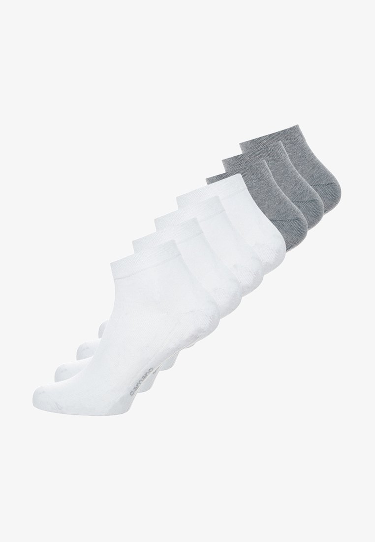 Cotton blend ankle socks in white and gray. Features a ribbed cuff and smooth texture. Set includes five pairs.