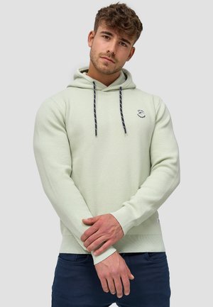 Sudadera verde claro con puños y dobladillo acanalados. Cuenta con una capucha ajustable y un pequeño logo en el pecho. Textura suave, diseño informal.