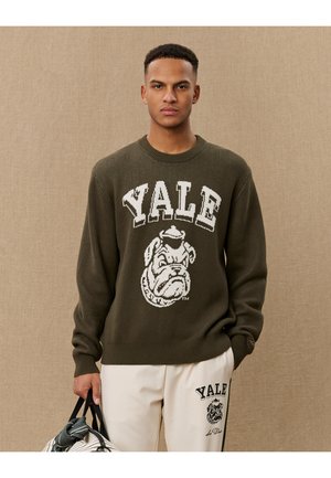 Dark olive green knit sweater featuring "YALE" lettering and a bulldog graphic in white. Paired with cream-colored pants and a black bag.