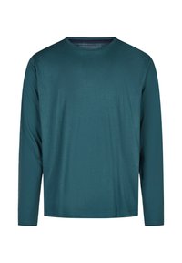 Hedvábná košile s dlouhými rukávy v tmavě modro-zelené barvě, vyrobená z měkkého materiálu. Má kulatý výstřih a uvolněný střih s hladkou texturou. Žádné viditelné vzory.