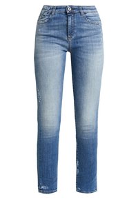 Světle modré džíny z denimu se střihem rovného nohavice, s opranými oblastmi a opotřebovanými detaily na stehnech. Klasické pětipocketové provedení.