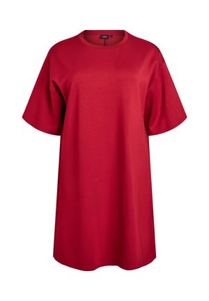 Vestido camiseta rojo de gran tamaño, hecho de algodón suave y liso, con mangas cortas, un cuello redondo y un corte relajado.