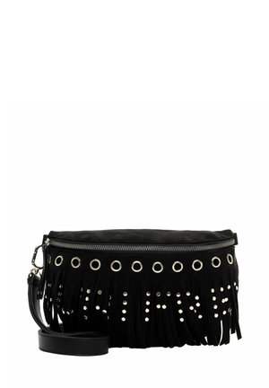 Schwarze Fransen-Handtasche aus Wildleder, mit metallicfarbenen Ösen und Nieten, mit einem Reißverschluss und abnehmbarem Schulterriemen. Rechteckige Form.