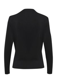 Long-sleeve black top with a smooth texture, featuring a simple round neckline and fitted design, no patterns or hardware details.