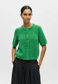 Femme aux cheveux foncés portant un pull vert à manches courtes boutonné et une jupe plissée noire, debout avec les mains dans les poches sur un fond blanc.