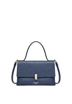 Borsa a mano rettangolare in pelle blu navy con manico superiore, tracolla regolabile, chiusura in metallo color oro e logo Twinset al centro frontale.