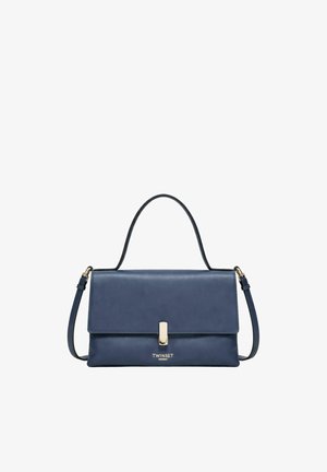 Borsa a mano rettangolare in pelle blu navy con manico superiore, tracolla regolabile, chiusura in metallo color oro e logo Twinset al centro frontale.