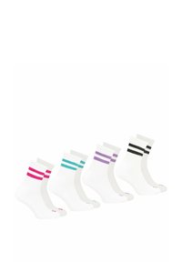 Chaussettes blanches à chevilles avec des rayures colorées : rose, bleu-vert, violet et noir. Texture côtelée, semelles rembourrées et accents de logo.