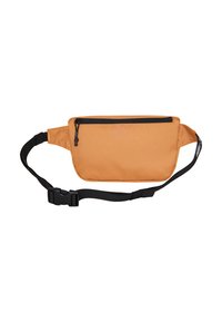 Oranje stoffen heupzak met een zwarte rits aan de voorkant, verstelbare zwarte band, rechthoekige vorm en een gladde textuur.
