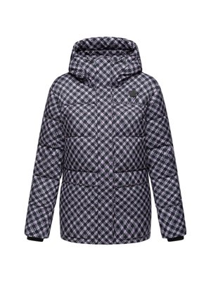Gevoerde jas met een capuchon, voorzien van een geometrisch zwart en paars patroon. Elastische manchetten en een ritssluiting aan de voorkant. Merklogo op de borst.