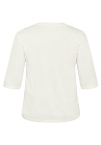 Camiseta de algodón blanca con mangas tres cuartos, escote redondo y textura suave. Diseño de la parte trasera simple y sin adornos, sin hardware visible.