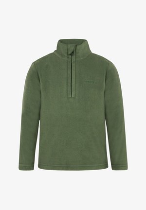 Salopette impermeabile gialla con bretelle regolabili e tasche, abbinata a una maglia in pile verde. Il bambino sorride su uno sfondo bianco.