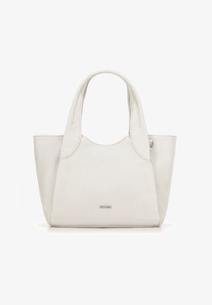 Sac fourre-tout en cuir blanc avec des poignées arrondies, une forme structurée, une texture lisse et un petit logo métallique à l'avant.