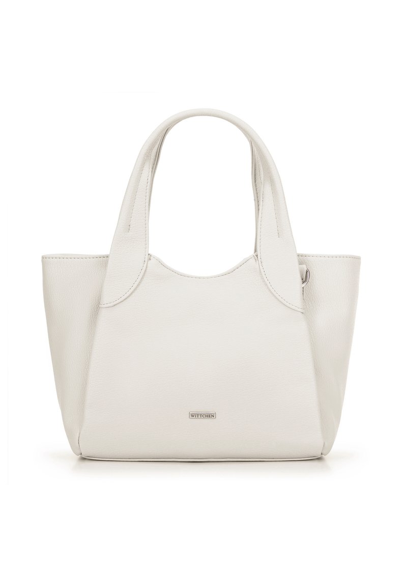 Borsa tote bianca in pelle con manici arrotondati, forma strutturata, superficie liscia e un piccolo logo metallico sulla parte anteriore.