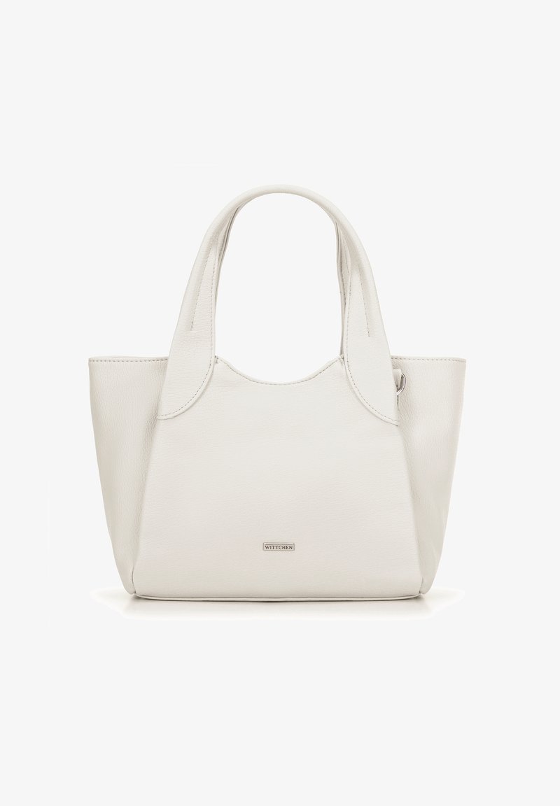 Borsa tote bianca in pelle con manici arrotondati, forma strutturata, superficie liscia e un piccolo logo metallico sulla parte anteriore.