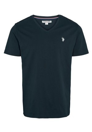 Dark navy cotton t-shirt with a v-neck, short sleeves, and a small white embroidered logo on the left chest. Smooth texture and casual design.