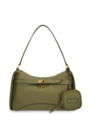 Sac à main en cuir vert olive avec fermoir doré, bandoulière simple et petite pochette attachée avec fermeture éclair.