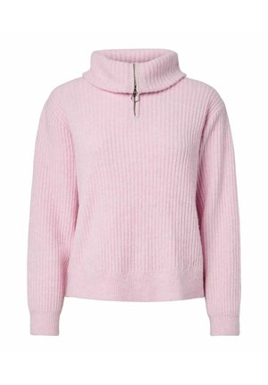 Zachtroze geribbelde trui van gebreid stof met lange mouwen en een korte ritssluiting met ringtrekker bij de hoge kraag.