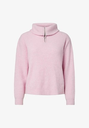 Minkšta rožinė ribota megzta megztinis su ilgomis rankovėmis ir trumpu užtrauktuku su žiedu aukštu apykaklėje.