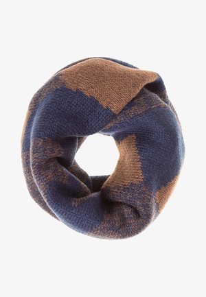 Écharpe tube tricotée en bleu marine et marron avec un motif à carreaux, disposée en boucle circulaire sur un fond blanc.
