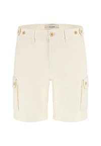 Kreminės spalvos cargo šortai su užsegimu mygtuku, šoninėmis kišenėmis ir tiesia kirpimo forma. Pagaminti iš medvilnės, turinčios lygų paviršių.
