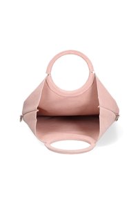 Borsa in suede rosa chiaro con manico circolare, design aperto e senza tasche esterne. Presenta una fodera interna liscia.