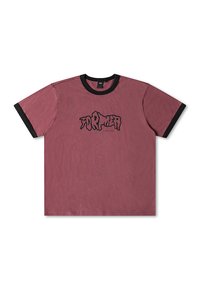 Maroon t-shirt with black collar and sleeves, featuring a prominent black "FORMER" graphic on the front. Cotton material, short sleeves, crew neck.