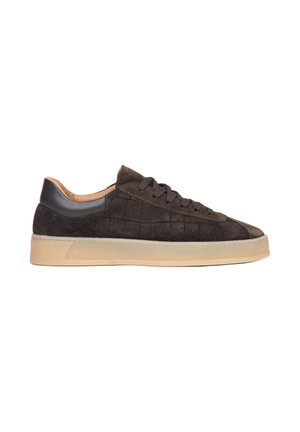 Dark brown suede sneaker with a textured finish, round toe, front lace-up design, and a light beige rubber sole.