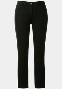Black denim jeans with a fitted design, five pockets, a front button closure, and a smooth texture. Straight leg shape with no visible patterns.