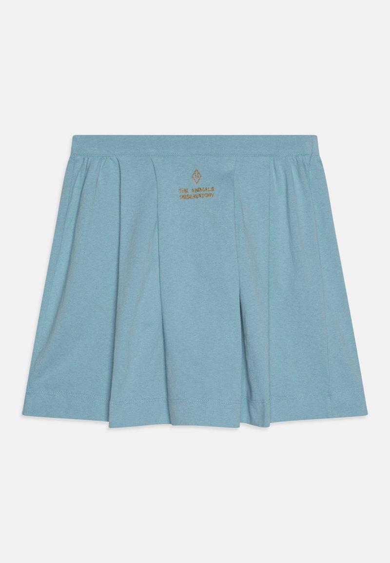 Világoskék pamut szoknya plisszírozott részletekkel, az elején hímzett arany felirattal: "THE ANIMALS OBSERVATORY". Puha tapintású, középhosszú fazon.