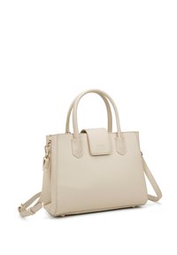 Borsa beige con design strutturato, realizzata in materiale sintetico testurizzato, dotata di doppi manici superiori e di una tracolla rimovibile.