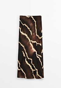 Black and brown fabric with a wavy, abstract pattern; features light beige accents; soft texture; designed as a long, draped skirt.