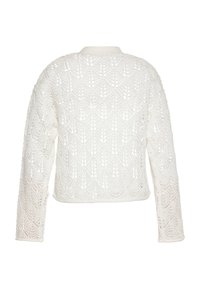 Cardigan bianco all'uncinetto con un design a maglia aperta e testurizzata. Presenta maniche lunghe e un collo rotondo, che mette in mostra un delicato motivo.