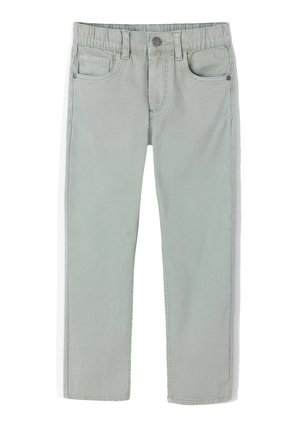 Light gray straight-leg pants for children with front pockets, belt loops, and a button closure at the waist.
