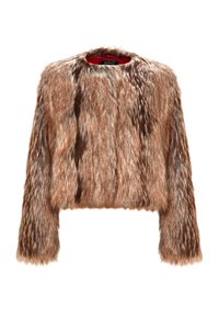 Chaqueta de pelo sintético marrón con un diseño corto, mangas largas y un escote redondo. Textura suave con una mezcla de tonos de pelaje claros y oscuros.