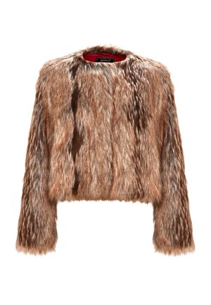Veste en fausse fourrure marron au design court, à manches longues et à col rond. Texture douce avec un mélange de tons de fourrure clairs et foncés.